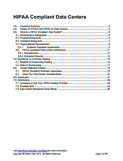 HIPAA Compliant Data Centers Table of Contents